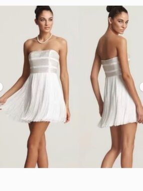 BASIX Fringe Beaded Strapless Mini Party Dress Silver White